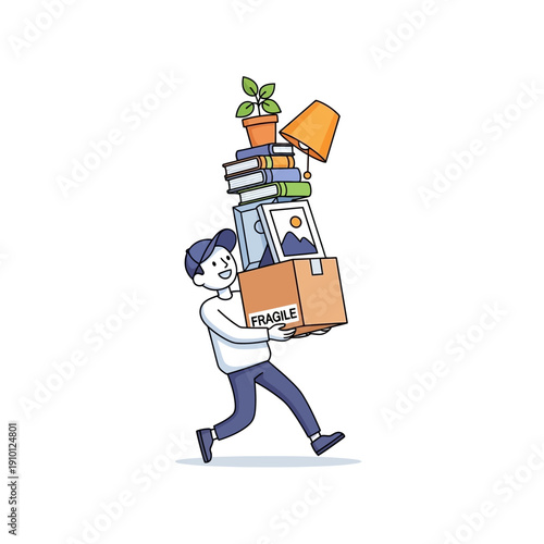 Man carrying stack of fragile moving boxes, books, lamp, plant, and picture frame