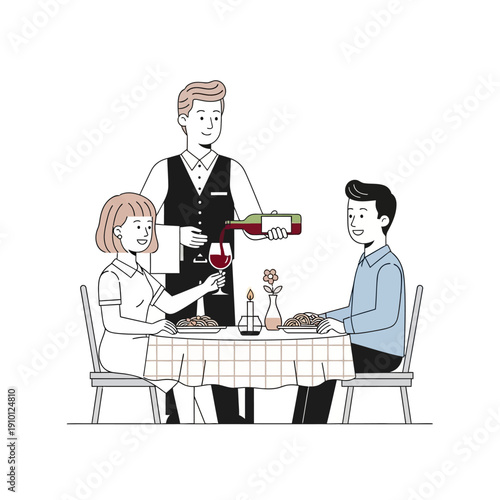 Waiter pouring wine for couple dining at restaurant table with candle and food
