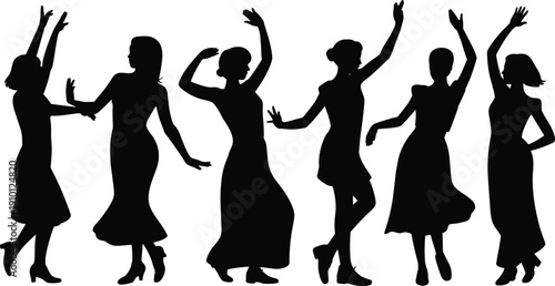 Women dancing silhouettes set, female dancers in elegant poses, movement and performance illustration isolated on white background for entertainment and art design