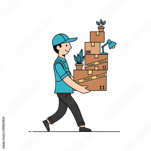 Delivery man carrying stack of fragile moving boxes with plants and lamp