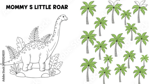 Cute dinosaur coloring vector with palm trees and prehistoric scenery for kids worksheets, nursery art, and educational coloring pages
