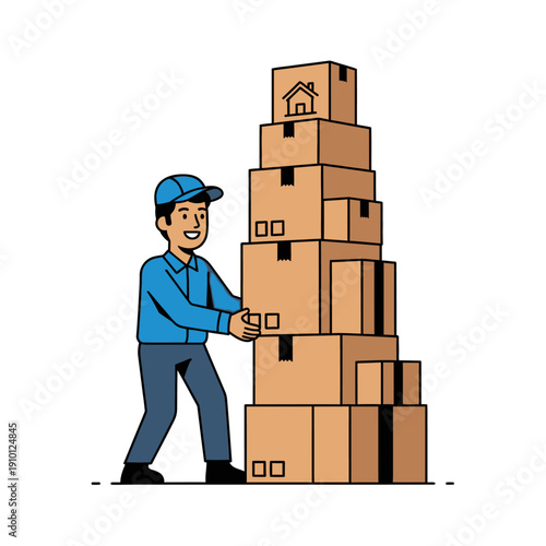 Delivery man stacking moving boxes, home relocation service, logistics and shipping concept
