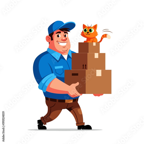 Delivery Man Carrying Boxes with Cute Cat on Top