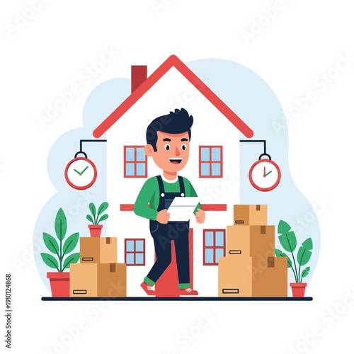 Man carrying box moving into new house with moving boxes and clocks