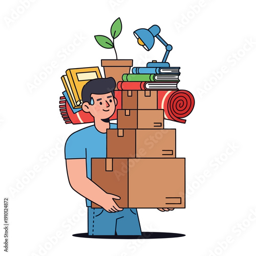 Man carrying stack of moving boxes, books, plant, and rolled rug for relocation