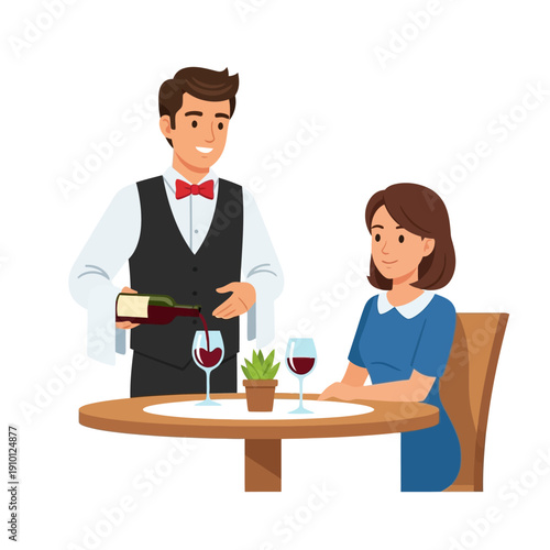 Waiter pouring red wine for a woman at a restaurant table