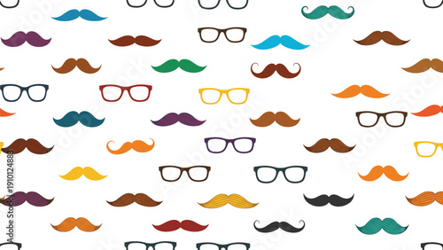 Playful pattern featuring various styles of mustaches and eyeglasses in different colors for a fun and quirky background design theme.