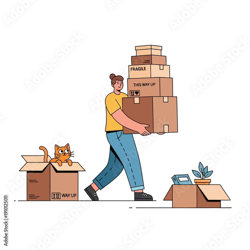 Person moving boxes with cat in a box, moving house, relocation, new home, packing