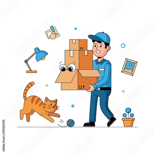 Delivery man carrying boxes, cat playing with yarn ball, moving concept