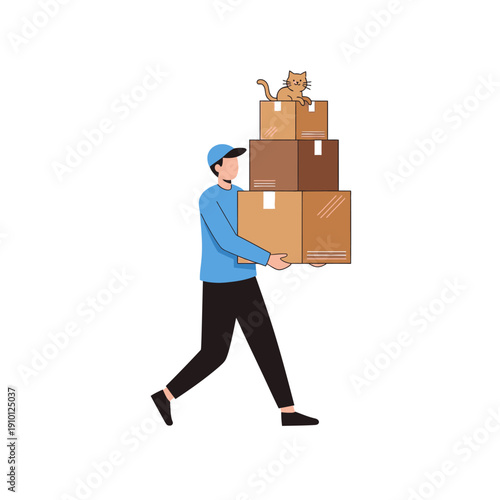 Delivery man carrying stacked boxes with a cat on top, moving service, logistics concept
