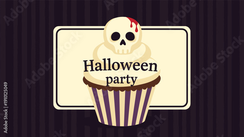 Spooky halloween party cupcake illustration topped with a white skull and red blood drip against a dark striped background with frame.