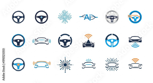 Collection of car steering wheel and autonomous vehicle icons.