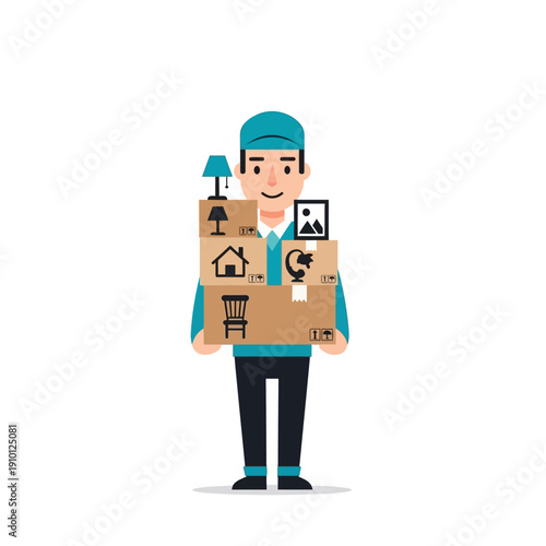 Delivery man carrying boxes with furniture icons, moving service concept