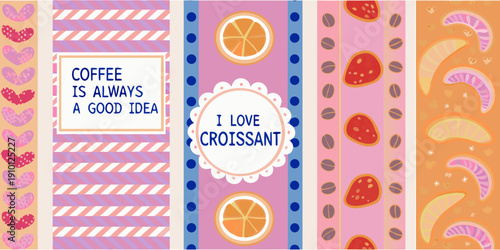 Colorful pattern featuring coffee croissants fruit and striped backgrounds