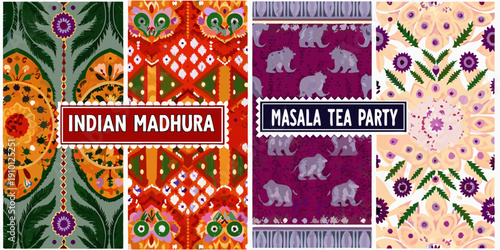 Colorful collage featuring indian motifs elephants and text overlays