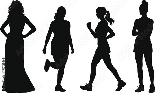 Women silhouettes set with elegant dress and sporty outfits female figures collection black vector illustration isolated on white background