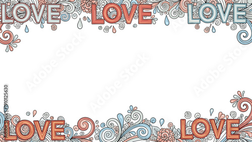 Romantic border design featuring the word love amidst intricate floral swirls and drops in a soft color palette for wedding stationery.