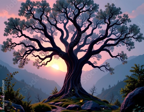 Ancient Mystical Oak Foggy Dawn Forest