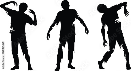 Zombie silhouettes set, horror undead characters walking and posing, scary Halloween monster figures isolated on white background for spooky design projects