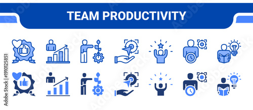 Team Productivity Icon Collection,  featuring Team meeting, Brainstorming, Collaboration, Meeting, Deadline, Responsibility, Initiative.
