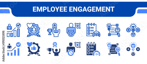 Employee Engagement Icon Collection,  featuring Collague, Team meeting, Motivation, Responsibility, Best employee, Career Devlopment, Growth.