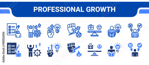 Professional Growth Icon Collection,  featuring Skills, Experience, Qualification, Development, Adaptability, Initiative, Challenge.