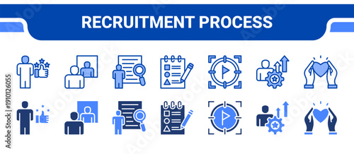 Recruitment Process Icon Collection,  featuring Recruiment, Hiring, CV, Resume, Interview, Job oppurtunities, Job position.