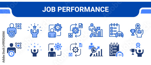 Job Performance Icon Collection,  featuring Responsibility, Deadline, Overtime, Contract, Full time job, Best employee, Motivation.