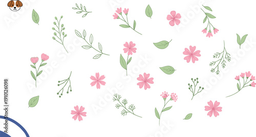 Delicate floral vector set with pink flowers, green leaves, and botanical elements isolated on white background for wedding, spring, and feminine designs