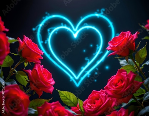 Neon Heart Amid Crimson Roses