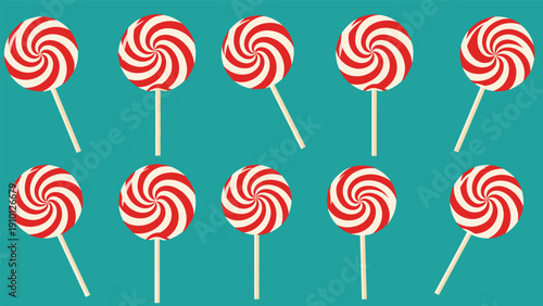 Minimalist illustration of ten red and white spiral lollipops neatly arranged in two horizontal rows against a solid vibrant teal background.