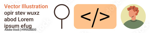Web development, programming education, user interface design, personal branding, search tools, coding tutorials. Magnifying glass, code symbols and a user avatar. Coding and web development concepts