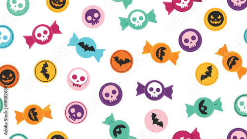 Playful Halloween seamless pattern featuring colorful wrapped candies, skull icons, bats, and jack o lantern motifs on a clean white background.