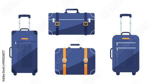 Flat design collection of blue travel suitcases and luggage including rolling bags and handheld trunks with orange straps on white background.