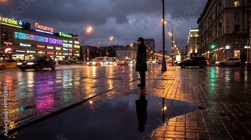 Man standing still in crowded timelapse street concept. Lonely figure stands on a rainy urban street during twilight hours.
