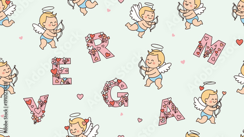 Adorable seamless pattern of little cupids with bows and arrows flying among decorative letters on a soft mint green and white background.