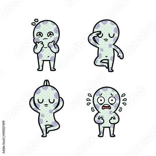 Cartoon character showing different emotions and reactions with worry and stress