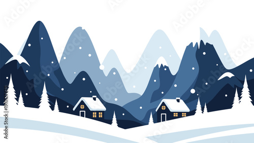 Peaceful winter landscape illustration featuring snow covered mountains, a starry night sky, and two cozy cabins nestled in the white snow.