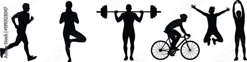 Black Silhouettes of People Running, Yoga, Weightlifting and Cycling, and Jumping on White Background