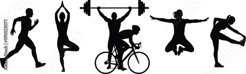 Fitness Silhouettes Exercising with Bicycle and Weights