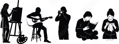 Silhouettes of Creative People Painting, Playing Guitar, Taking Photo and Reading