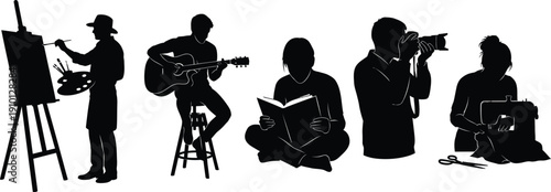 Silhouettes of Artist Painting, Musician Playing Guitar, Woman Reading Book and Photographer Taking Pictures, and Person Working on Laptop on White Background