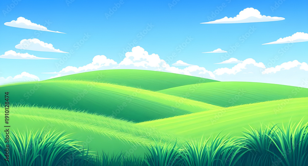 Fototapeta premium landscape, grassland, meadow, greenfield, field, pasture, lawn, nature, scenery, countryside, rural, outdoor, horizon, plains, farmland, sky, bluesky, clouds, cloudscape, daylight, sunshine, sunny, br