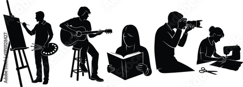 Silhouettes of People Engaged in Creative Activities at Home Office or Studio
