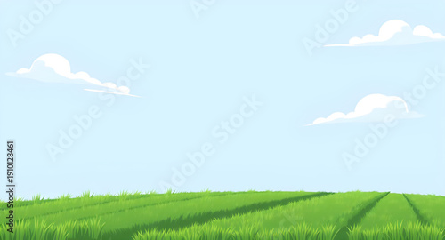 landscape, nature, field, grass, green, meadow, pasture, plain, countryside, rural, outdoor, scenery, horizon, farmland, sky, blue, clouds, cloudscape, daylight, sunlight, sunny, bright, fresh, calm, 