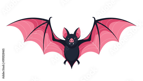 Cute black bat illustration with pink wings spread wide isolated on a white background for Halloween themes and festive decorations.