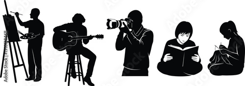 Silhouettes of People Engaged in Creative Activities on White Background