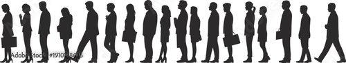 Business people silhouette queue, professional crowd waiting, diverse posture lineup, black vector group illustration, career concept art