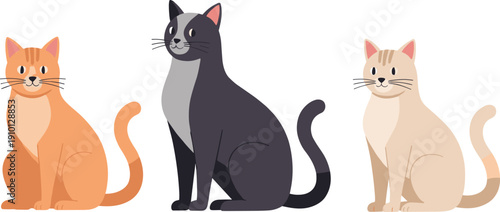 Cute Sitting Cats Vector Illustration with Domestic Feline Characters in Different Colors Flat Cartoon Style Isolated on White Background.