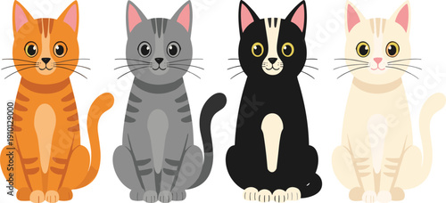 Cute Cartoon Cats Sitting Vector Set with Domestic Feline Characters in Bright Coat Colors Isolated on White Background.